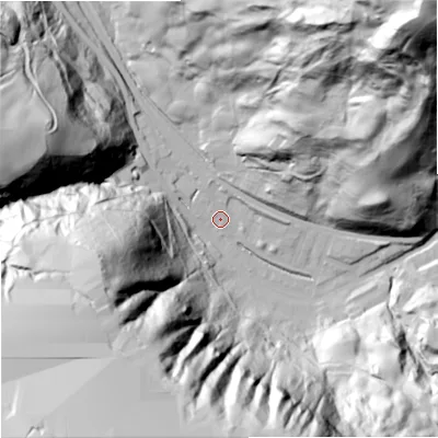 Shaded relief map of the ground around OL148PS, computed from Environment Agency LiDAR. The ground here sits at about 204 m above sea level and falls 177 m across the surrounding 800 m. Surface water reaching this point runs off ground lying to the north-north-west, 3.8 m higher.