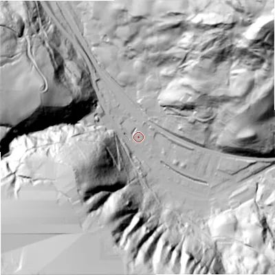 Shaded relief map of the ground around OL148PT, computed from Environment Agency LiDAR. The ground here sits at about 205 m above sea level and falls 173 m across the surrounding 800 m. Surface water reaching this point runs off ground lying to the south-west, 139.5 m higher.