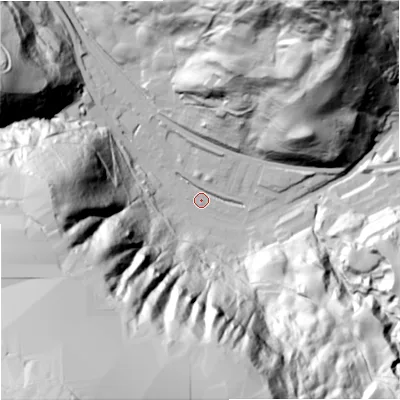 Shaded relief map of the ground around OL148PW, computed from Environment Agency LiDAR. The ground here sits at about 201 m above sea level and falls 197 m across the surrounding 800 m. Surface water reaching this point runs off ground lying to the south-west, 188.9 m higher.