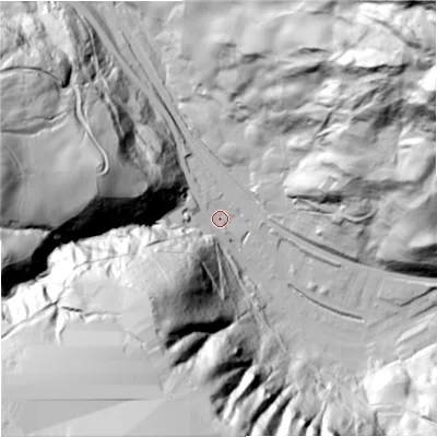 Shaded relief map of the ground around OL148PY, computed from Environment Agency LiDAR. The ground here sits at about 207 m above sea level and falls 162 m across the surrounding 800 m. Surface water reaching this point runs off ground lying to the south-west, 152.3 m higher.