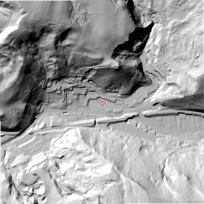 Shaded relief map of the ground around OL148PZ, computed from Environment Agency LiDAR. The ground here sits at about 190 m above sea level and falls 150 m across the surrounding 800 m. Surface water reaching this point runs off ground lying to the north-west, 143.2 m higher.