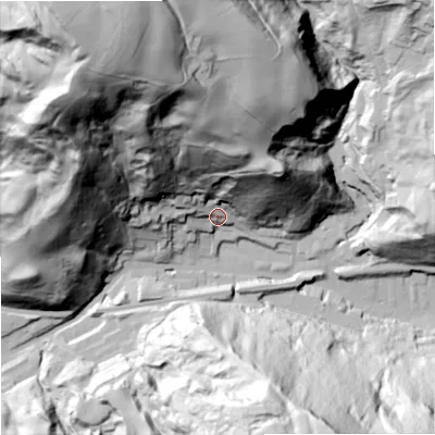 Shaded relief map of the ground around OL148QA, computed from Environment Agency LiDAR. The ground here sits at about 201 m above sea level and falls 152 m across the surrounding 800 m. Surface water reaching this point runs off ground lying to the north-north-west, 130.6 m higher.