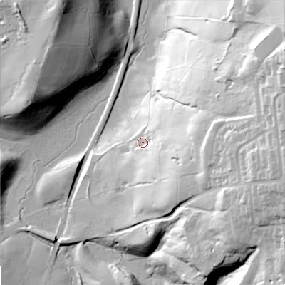 Shaded relief map of the ground around OL14SR, computed from Environment Agency LiDAR. The ground here sits at about 193 m above sea level and falls 69 m across the surrounding 800 m. Surface water reaching this point runs off ground lying to the east, 53.2 m higher.