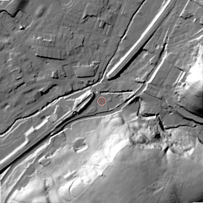 Shaded relief map of the ground around OL150HA, computed from Environment Agency LiDAR. The ground here sits at about 144 m above sea level and falls 67 m across the surrounding 800 m. Surface water reaching this point runs off ground lying to the south-south-east, 63.2 m higher.