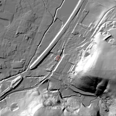 Shaded relief map of the ground around OL150HB, computed from Environment Agency LiDAR. The ground here sits at about 149 m above sea level and falls 76 m across the surrounding 800 m. Surface water reaching this point runs off ground lying to the east-south-east, 63.4 m higher.