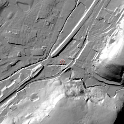 Shaded relief map of the ground around OL150HE, computed from Environment Agency LiDAR. The ground here sits at about 146 m above sea level and falls 71 m across the surrounding 800 m. Surface water reaching this point runs off ground lying to the south-east, 6.0 m higher.