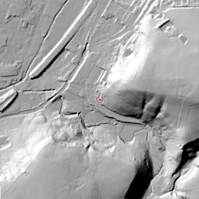 Shaded relief map of the ground around OL150HJ, computed from Environment Agency LiDAR. The ground here sits at about 155 m above sea level and falls 80 m across the surrounding 800 m. Surface water reaching this point runs off ground lying to the east-north-east, 63.3 m higher.