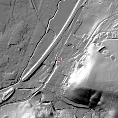 Shaded relief map of the ground around OL150HL, computed from Environment Agency LiDAR. The ground here sits at about 152 m above sea level and falls 78 m across the surrounding 800 m. Surface water reaching this point runs off ground lying to the east-south-east, 67.3 m higher.