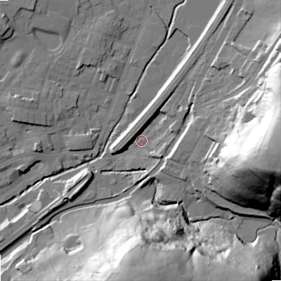 Shaded relief map of the ground around OL150HN, computed from Environment Agency LiDAR. The ground here sits at about 145 m above sea level and falls 71 m across the surrounding 800 m. Surface water reaching this point runs off ground lying to the east, 67.1 m higher.