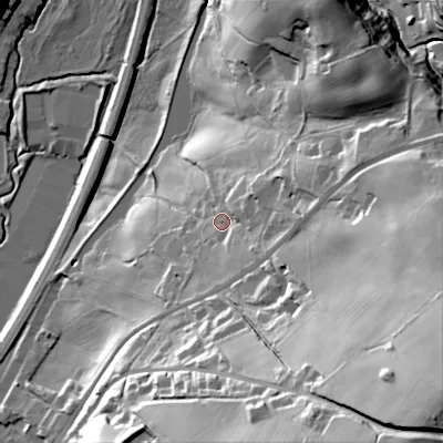 Shaded relief map of the ground around OL150JB, computed from Environment Agency LiDAR. The ground here sits at about 171 m above sea level and falls 84 m across the surrounding 800 m. Surface water reaching this point runs off ground lying to the east, 15.4 m higher.