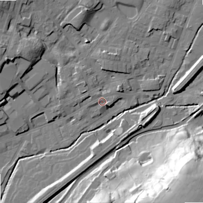Shaded relief map of the ground around OL158AB, computed from Environment Agency LiDAR. The ground here sits at about 147 m above sea level and falls 68 m across the surrounding 800 m. Surface water reaching this point runs off ground lying to the east-south-east, 3.4 m higher.