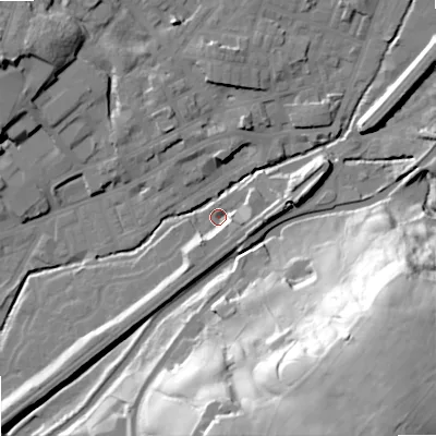 Shaded relief map of the ground around OL158AG, computed from Environment Agency LiDAR. The ground here sits at about 142 m above sea level and falls 69 m across the surrounding 800 m. Surface water reaching this point runs off ground lying to the south-south-west, 7.7 m higher.