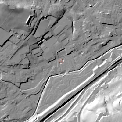 Shaded relief map of the ground around OL158AH, computed from Environment Agency LiDAR. The ground here sits at about 140 m above sea level and falls 59 m across the surrounding 800 m. Surface water reaching this point runs off ground lying to the east-south-east, 10.3 m higher.