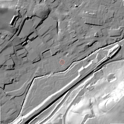 Shaded relief map of the ground around OL158AR, computed from Environment Agency LiDAR. The ground here sits at about 141 m above sea level and falls 64 m across the surrounding 800 m. Surface water reaching this point runs off ground lying to the north-east, 8.1 m higher.
