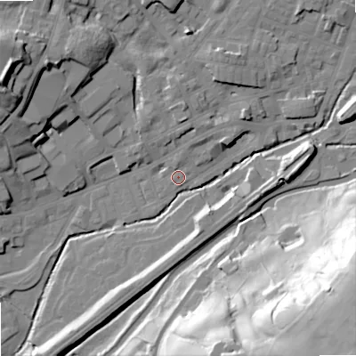 Shaded relief map of the ground around OL158AW, computed from Environment Agency LiDAR. The ground here sits at about 143 m above sea level and falls 68 m across the surrounding 800 m. Surface water reaching this point runs off ground lying to the north-east, 6.5 m higher.