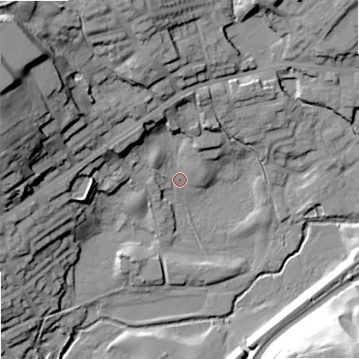 Shaded relief map of the ground around OL158BF, computed from Environment Agency LiDAR. The ground here sits at about 139 m above sea level and falls 47 m across the surrounding 800 m. Surface water reaching this point runs off ground lying to the west-north-west, 41.2 m higher.