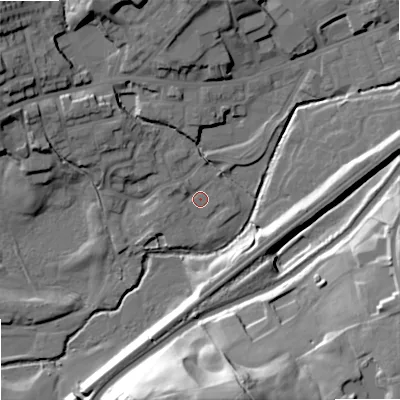 Shaded relief map of the ground around OL158BU, computed from Environment Agency LiDAR. The ground here sits at about 140 m above sea level and falls 43 m across the surrounding 800 m. Surface water reaching this point runs off ground lying to the west-north-west, 2.5 m higher.