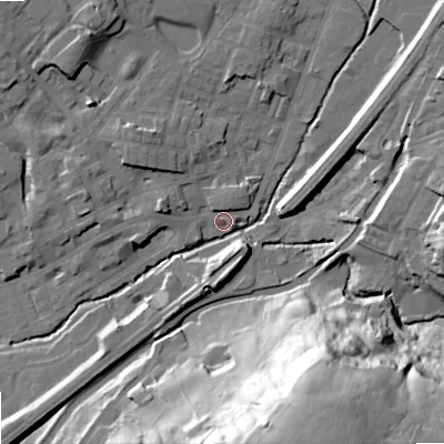 Shaded relief map of the ground around OL158DA, computed from Environment Agency LiDAR. The ground here sits at about 144 m above sea level and falls 66 m across the surrounding 800 m. Surface water reaching this point runs off ground lying to the south-south-east, 63.6 m higher.
