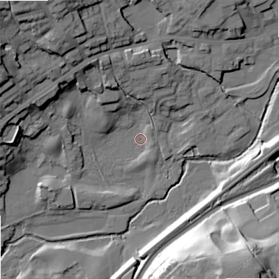 Shaded relief map of the ground around OL158FF, computed from Environment Agency LiDAR. The ground here sits at about 137 m above sea level and falls 46 m across the surrounding 800 m. Surface water reaching this point runs off ground lying to the north-north-west, 14.9 m higher.