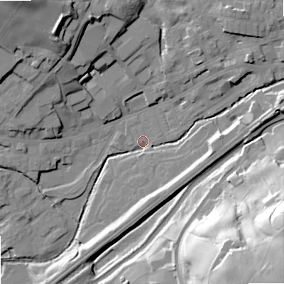 Shaded relief map of the ground around OL158HH, computed from Environment Agency LiDAR. The ground here sits at about 140 m above sea level and falls 64 m across the surrounding 800 m. Surface water reaching this point runs off ground lying to the east, 10.3 m higher.