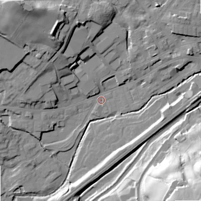 Shaded relief map of the ground around OL158HU, computed from Environment Agency LiDAR. The ground here sits at about 140 m above sea level and falls 59 m across the surrounding 800 m. Surface water reaching this point runs off ground lying to the north-north-west, 28.3 m higher.