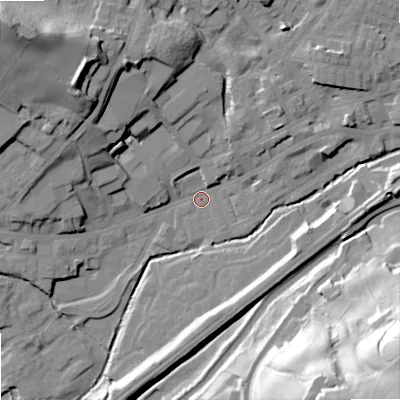 Shaded relief map of the ground around OL158JA, computed from Environment Agency LiDAR. The ground here sits at about 140 m above sea level and falls 59 m across the surrounding 800 m. Surface water reaching this point runs off ground lying to the east-south-east, 10.3 m higher.