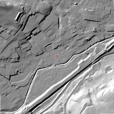 Shaded relief map of the ground around OL158JB, computed from Environment Agency LiDAR. The ground here sits at about 141 m above sea level and falls 63 m across the surrounding 800 m. Surface water reaching this point runs off ground lying to the east-north-east, 8.1 m higher.