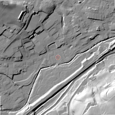 Shaded relief map of the ground around OL158JE, computed from Environment Agency LiDAR. The ground here sits at about 140 m above sea level and falls 62 m across the surrounding 800 m. Surface water reaching this point runs off ground lying to the east, 10.3 m higher.
