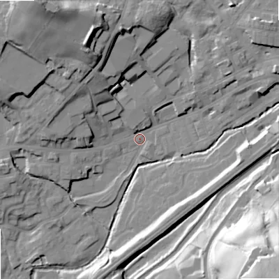 Shaded relief map of the ground around OL158JH, computed from Environment Agency LiDAR. The ground here sits at about 140 m above sea level and falls 58 m across the surrounding 800 m. Surface water reaching this point runs off ground lying to the north-north-west, 28.9 m higher.