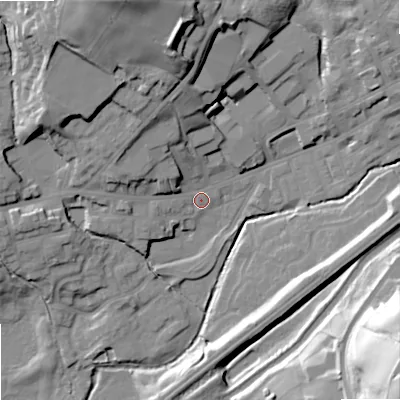 Shaded relief map of the ground around OL158JJ, computed from Environment Agency LiDAR. The ground here sits at about 141 m above sea level and falls 52 m across the surrounding 800 m. Surface water reaching this point runs off ground lying to the north-north-west, 12.4 m higher.