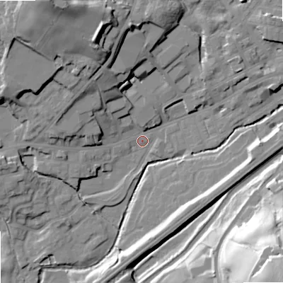 Shaded relief map of the ground around OL158JL, computed from Environment Agency LiDAR. The ground here sits at about 140 m above sea level and falls 58 m across the surrounding 800 m. Surface water reaching this point runs off ground lying to the north-north-west, 15.0 m higher.