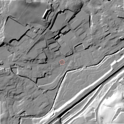 Shaded relief map of the ground around OL158JN, computed from Environment Agency LiDAR. The ground here sits at about 140 m above sea level and falls 58 m across the surrounding 800 m. Surface water reaching this point runs off ground lying to the north-north-west, 14.9 m higher.