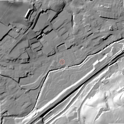 Shaded relief map of the ground around OL158JQ, computed from Environment Agency LiDAR. The ground here sits at about 140 m above sea level and falls 63 m across the surrounding 800 m. The ground contributing surface water to this point lies to the south-west.