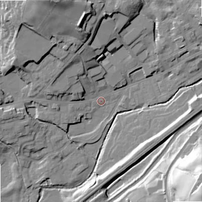 Shaded relief map of the ground around OL158JR, computed from Environment Agency LiDAR. The ground here sits at about 141 m above sea level and falls 57 m across the surrounding 800 m. Surface water reaching this point runs off ground lying to the north-north-west, 14.7 m higher.