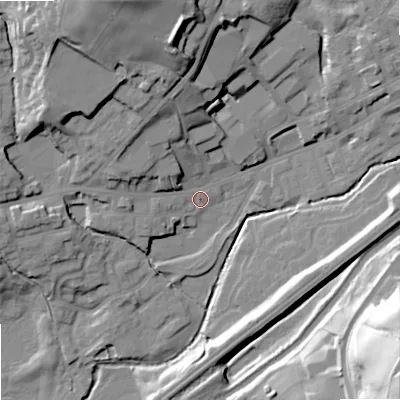 Shaded relief map of the ground around OL158JS, computed from Environment Agency LiDAR. The ground here sits at about 140 m above sea level and falls 52 m across the surrounding 800 m. Surface water reaching this point runs off ground lying to the north-north-west, 12.4 m higher.