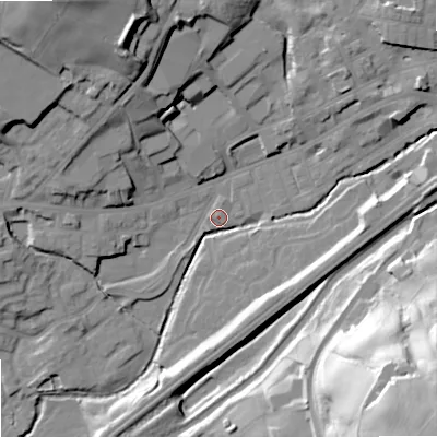 Shaded relief map of the ground around OL158SG, computed from Environment Agency LiDAR. The ground here sits at about 141 m above sea level and falls 62 m across the surrounding 800 m. Surface water reaching this point runs off ground lying to the north-north-west, 29.5 m higher.