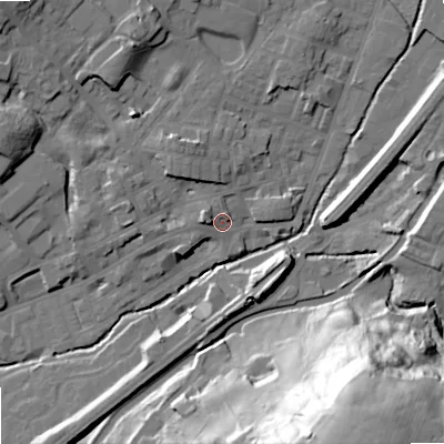 Shaded relief map of the ground around OL159AA, computed from Environment Agency LiDAR. The ground here sits at about 145 m above sea level and falls 66 m across the surrounding 800 m. Surface water reaching this point runs off ground lying to the west-north-west, 4.4 m higher.
