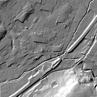 Shaded relief map of the ground around OL159AE, computed from Environment Agency LiDAR. The ground here sits at about 145 m above sea level and falls 65 m across the surrounding 800 m. Surface water reaching this point runs off ground lying to the west, 3.6 m higher.
