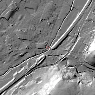 Shaded relief map of the ground around OL159AF, computed from Environment Agency LiDAR. The ground here sits at about 144 m above sea level and falls 65 m across the surrounding 800 m. Surface water reaching this point runs off ground lying to the south-south-east, 62.0 m higher.