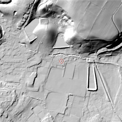 Shaded relief map of the ground around OL159AG, computed from Environment Agency LiDAR. The ground here sits at about 156 m above sea level and falls 71 m across the surrounding 800 m. Surface water reaching this point runs off ground lying to the north-north-west, 24.5 m higher.