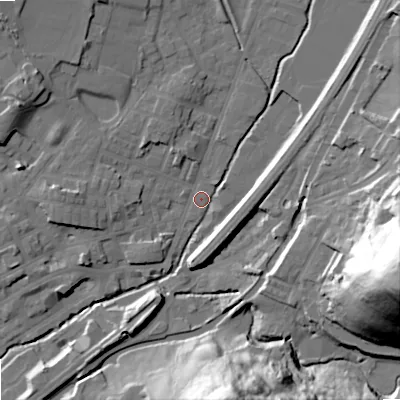 Shaded relief map of the ground around OL159AH, computed from Environment Agency LiDAR. The ground here sits at about 144 m above sea level and falls 67 m across the surrounding 800 m. Surface water reaching this point runs off ground lying to the north-west, 10.4 m higher.