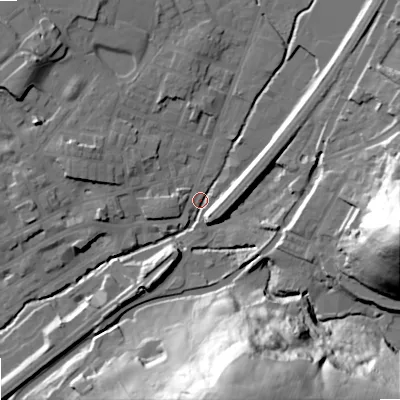 Shaded relief map of the ground around OL159AJ, computed from Environment Agency LiDAR. The ground here sits at about 144 m above sea level and falls 63 m across the surrounding 800 m. Surface water reaching this point runs off ground lying to the south-south-east, 60.2 m higher.