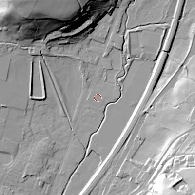 Shaded relief map of the ground around OL159AZ, computed from Environment Agency LiDAR. The ground here sits at about 147 m above sea level and falls 57 m across the surrounding 800 m. The ground contributing surface water to this point lies to the west.