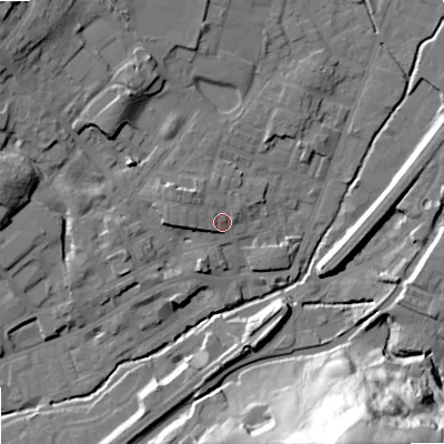 Shaded relief map of the ground around OL159DA, computed from Environment Agency LiDAR. The ground here sits at about 147 m above sea level and falls 60 m across the surrounding 800 m. Surface water reaching this point runs off ground lying to the north-west, 4.7 m higher.