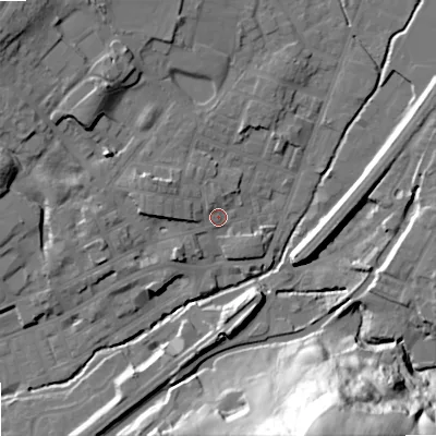 Shaded relief map of the ground around OL159DB, computed from Environment Agency LiDAR. The ground here sits at about 145 m above sea level and falls 61 m across the surrounding 800 m. Surface water reaching this point runs off ground lying to the west-north-west, 5.6 m higher.