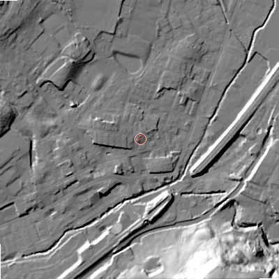 Shaded relief map of the ground around OL159DD, computed from Environment Agency LiDAR. The ground here sits at about 147 m above sea level and falls 58 m across the surrounding 800 m. Surface water reaching this point runs off ground lying to the west-north-west, 4.3 m higher.