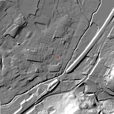 Shaded relief map of the ground around OL159DF, computed from Environment Agency LiDAR. The ground here sits at about 144 m above sea level and falls 56 m across the surrounding 800 m. Surface water reaching this point runs off ground lying to the west-north-west, 7.1 m higher.
