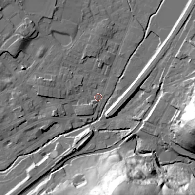 Shaded relief map of the ground around OL159DG, computed from Environment Agency LiDAR. The ground here sits at about 144 m above sea level and falls 60 m across the surrounding 800 m. Surface water reaching this point runs off ground lying to the north-west, 10.5 m higher.