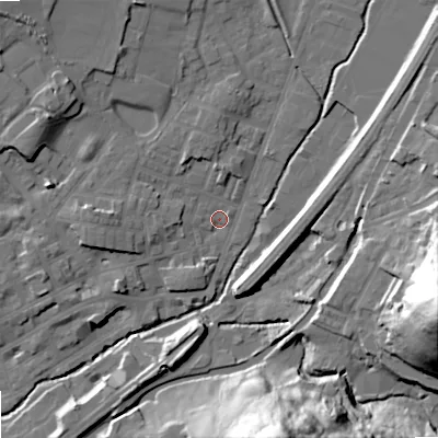 Shaded relief map of the ground around OL159DH, computed from Environment Agency LiDAR. The ground here sits at about 144 m above sea level and falls 56 m across the surrounding 800 m. Surface water reaching this point runs off ground lying to the north-west, 11.5 m higher.