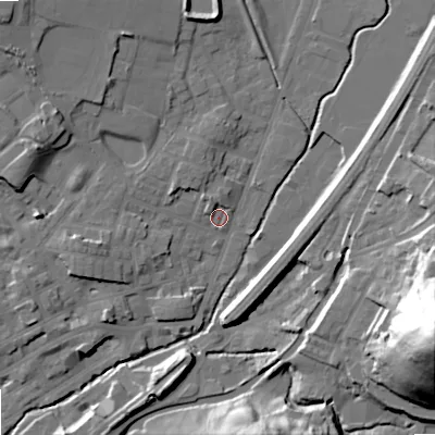 Shaded relief map of the ground around OL159DJ, computed from Environment Agency LiDAR. The ground here sits at about 144 m above sea level and falls 62 m across the surrounding 800 m. Surface water reaching this point runs off ground lying to the west-north-west, 4.1 m higher.